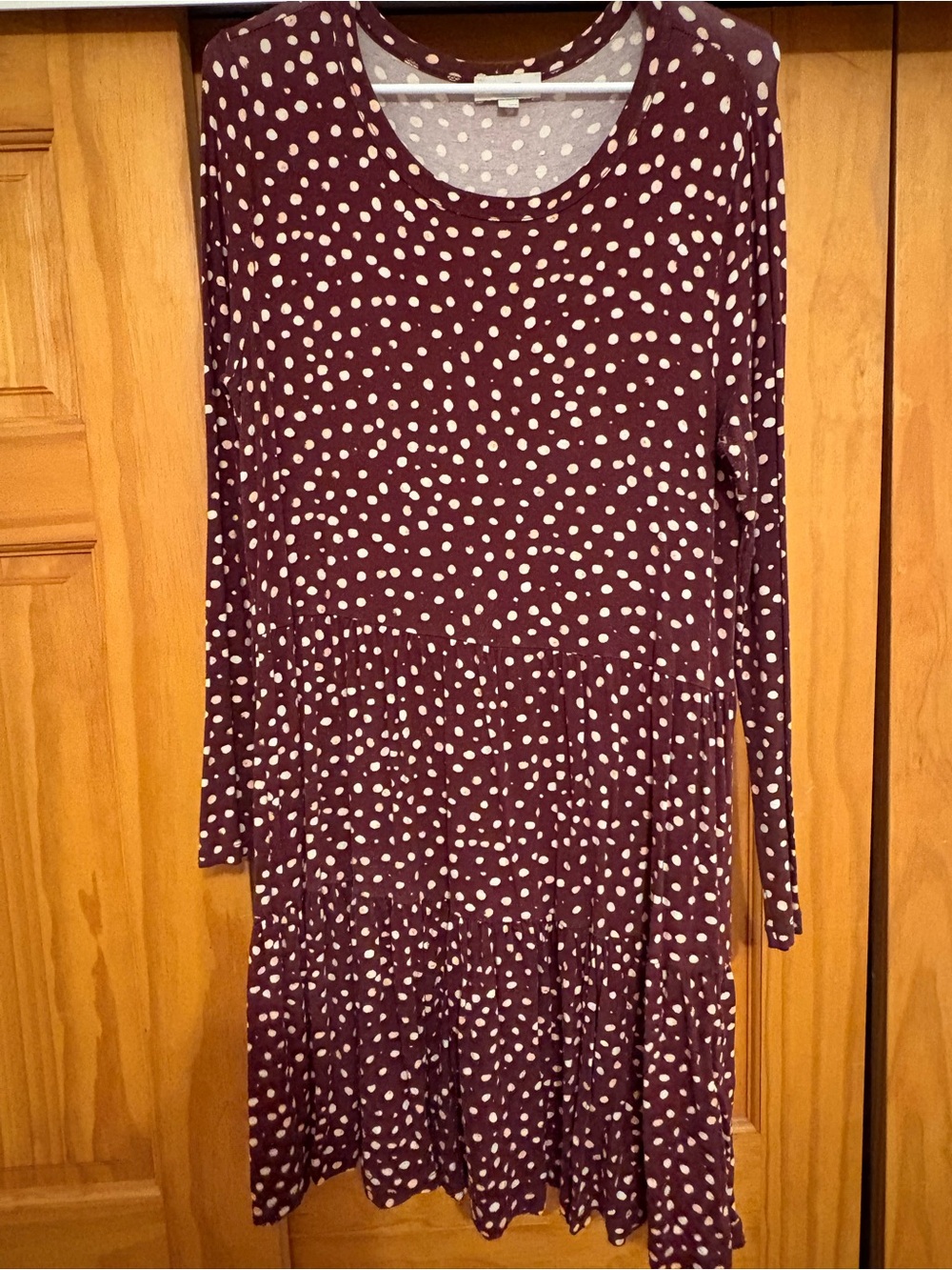 LOFT Purple Long-Sleeve White Polka Dot Tiered Dress